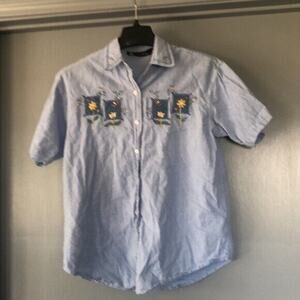 Vintage Citi Craze Women's L Blue Button Front Embroidered Flowers Short Sleeve